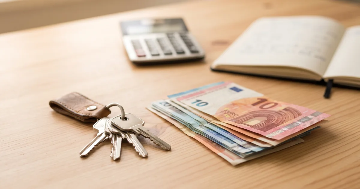 Llaves de piso, billetes de euro y calculadora sobre una mesa de madera