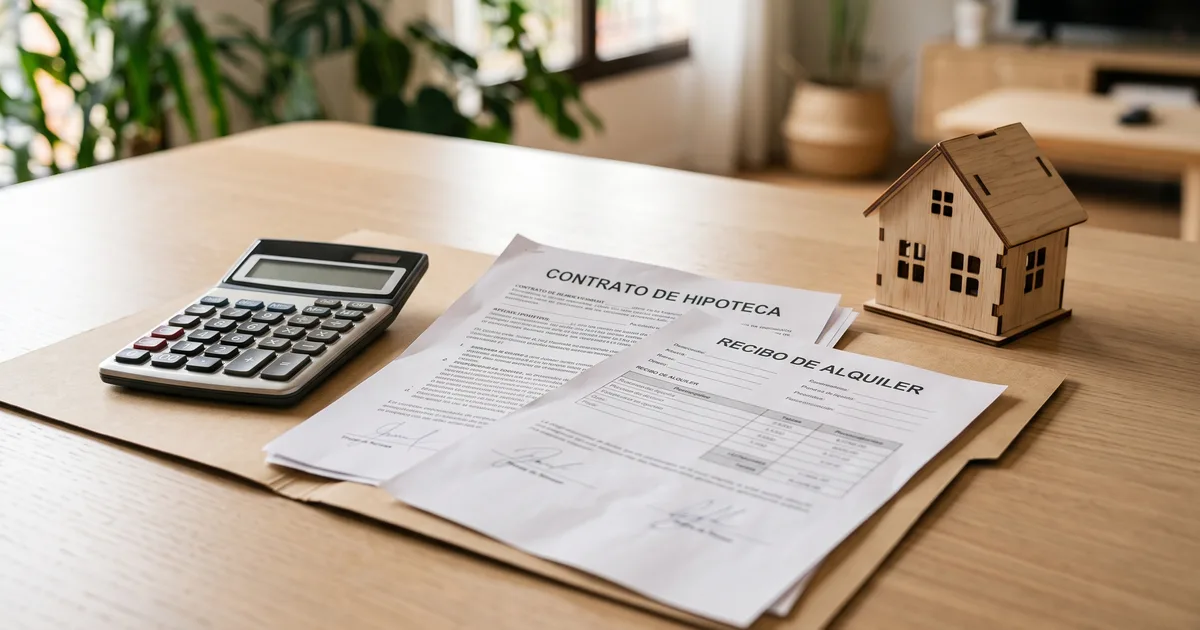 Contrato de hipoteca, recibo de alquiler y calculadora junto a una casa de madera en miniatura