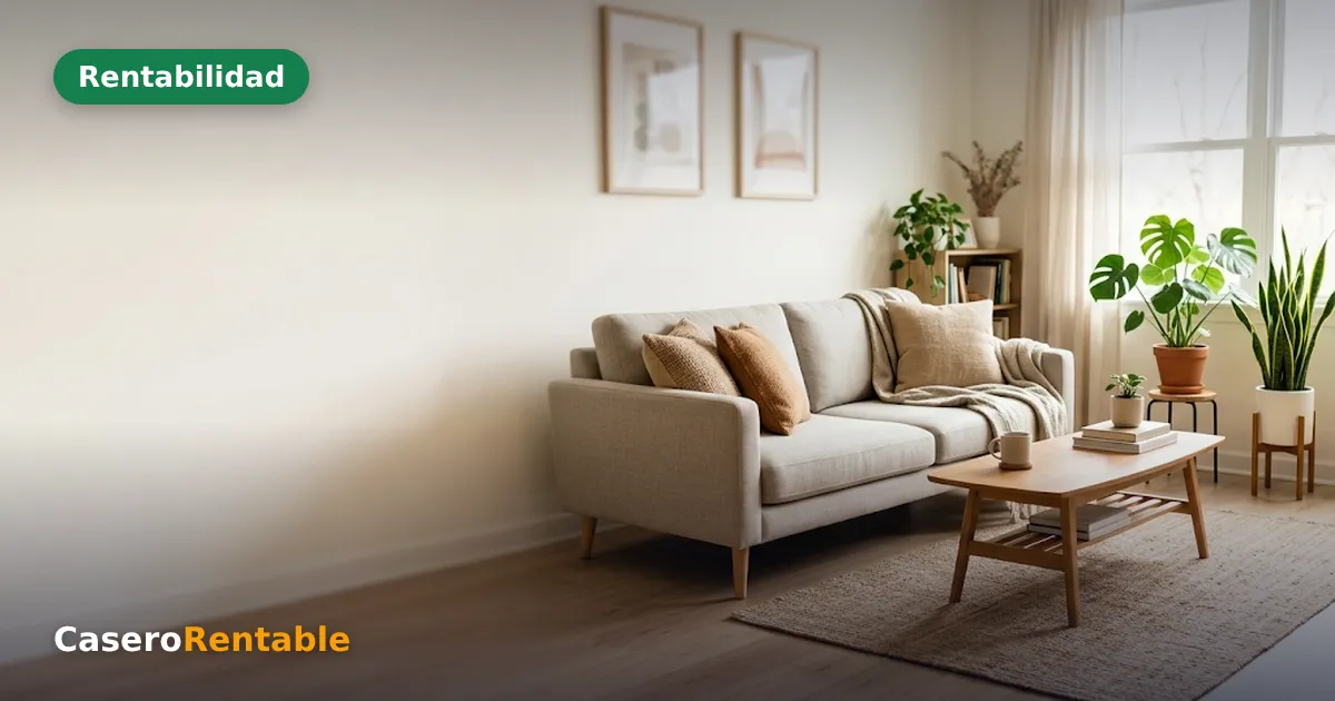 Salón luminoso amueblado con sofá, mesa de centro de madera y plantas