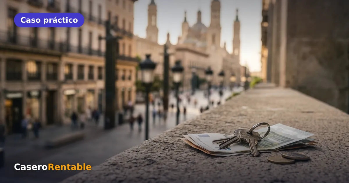 Llaves y billetes sobre un muro de piedra con la basílica del Pilar de Zaragoza al fondo