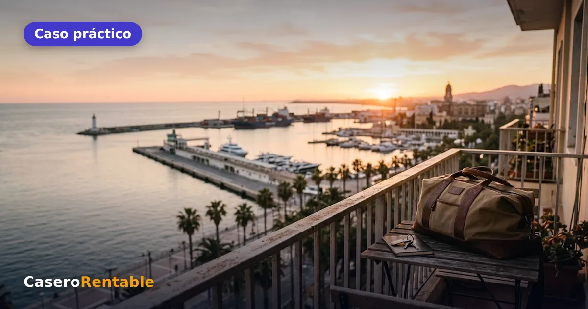 Balcón con vistas al puerto de Málaga al atardecer, con una maleta de viaje y unas llaves