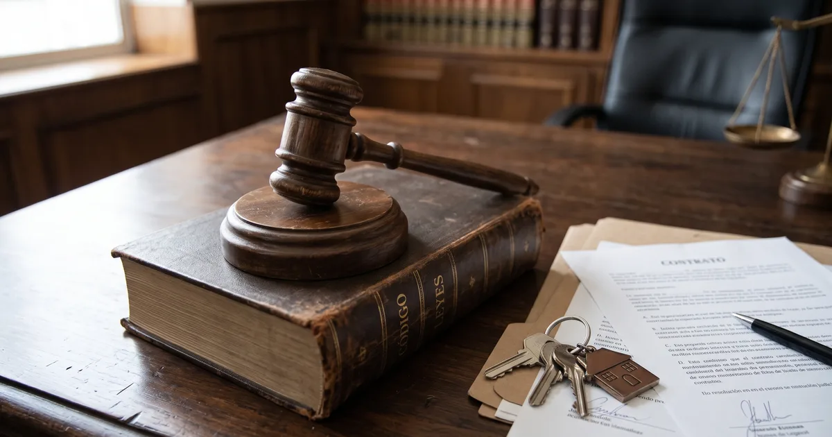 Mazo de juez sobre un libro de leyes, con un contrato y unas llaves de vivienda