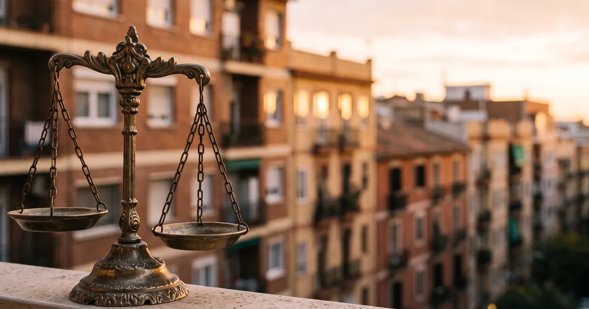 Balanza de la justicia de bronce frente a un bloque de viviendas al atardecer