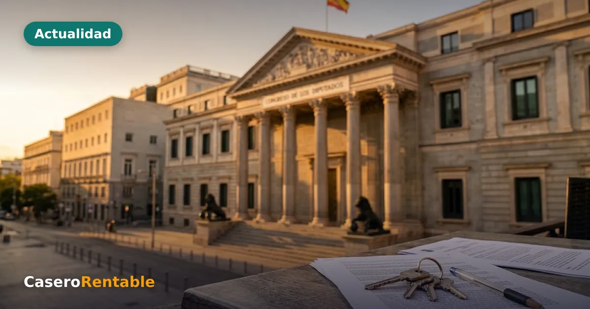 Fachada del Congreso de los Diputados al atardecer con unas llaves y documentos en primer plano