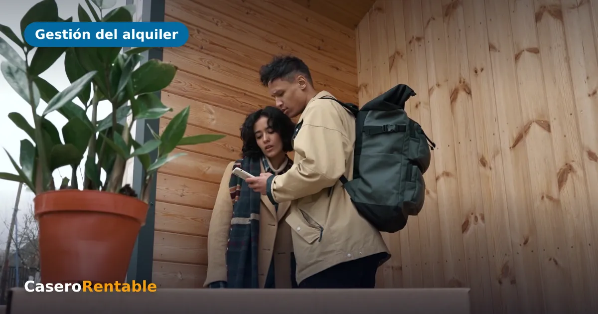 Pareja con mochila y cajas de mudanza en un piso