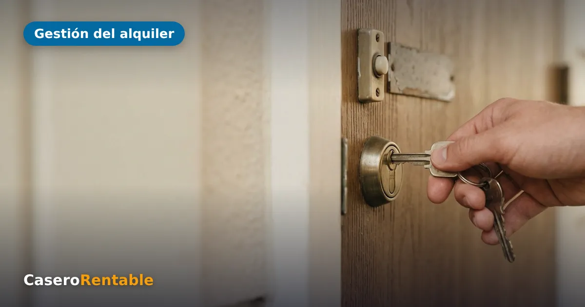 Mano con un llavero abriendo la cerradura de la puerta de un piso