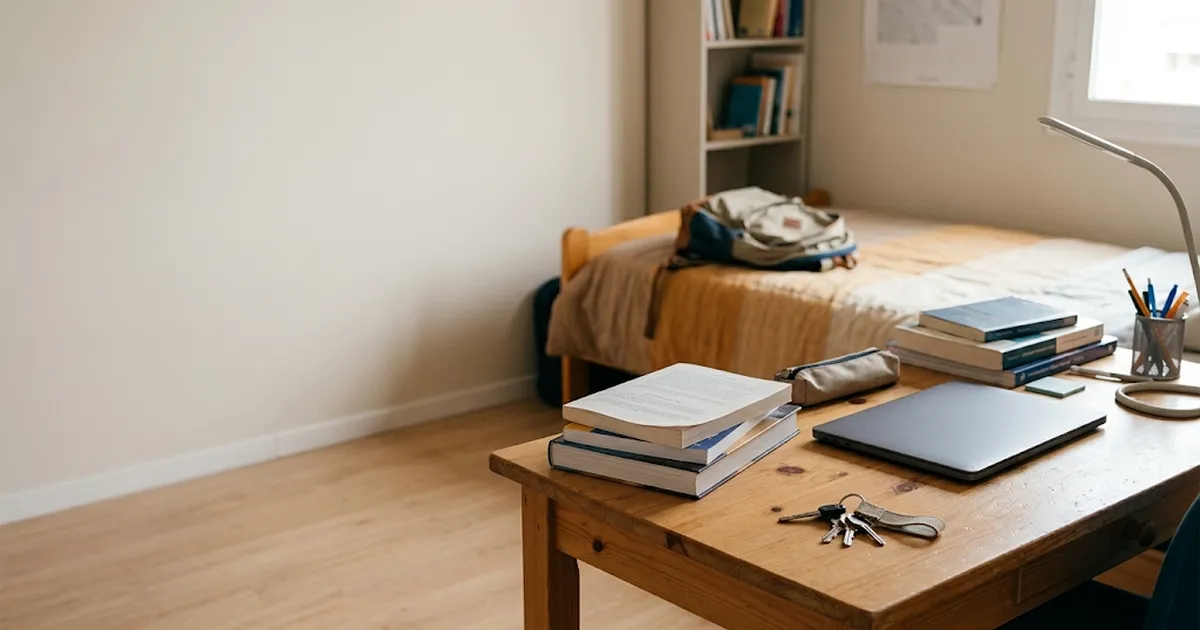 Habitación de estudiante en un piso compartido con escritorio, libros, portátil y llaves