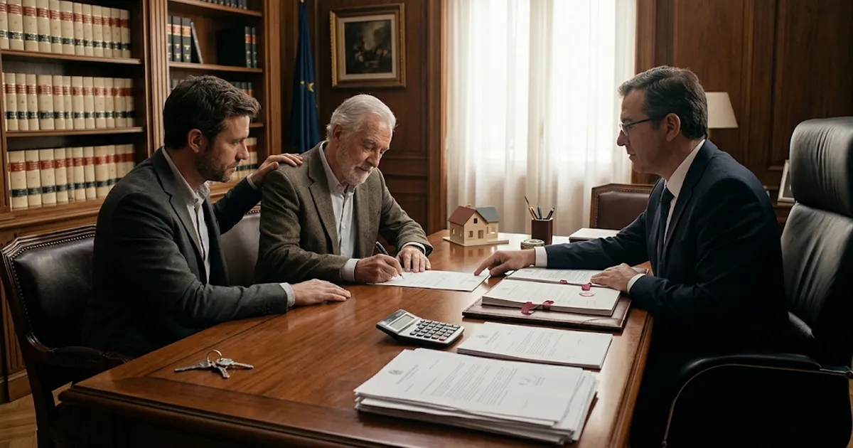 Padre e hijo firmando ante el notario la escritura de una vivienda