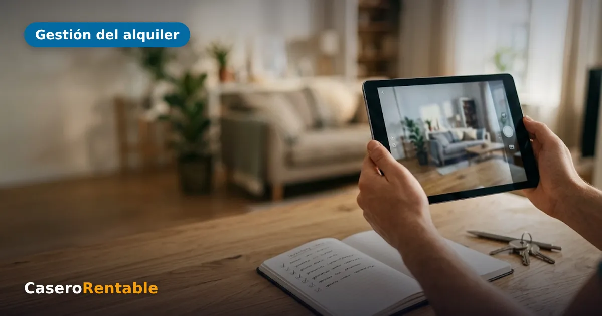 Manos fotografiando con una tablet un salón amueblado, con un cuaderno de inventario y unas llaves