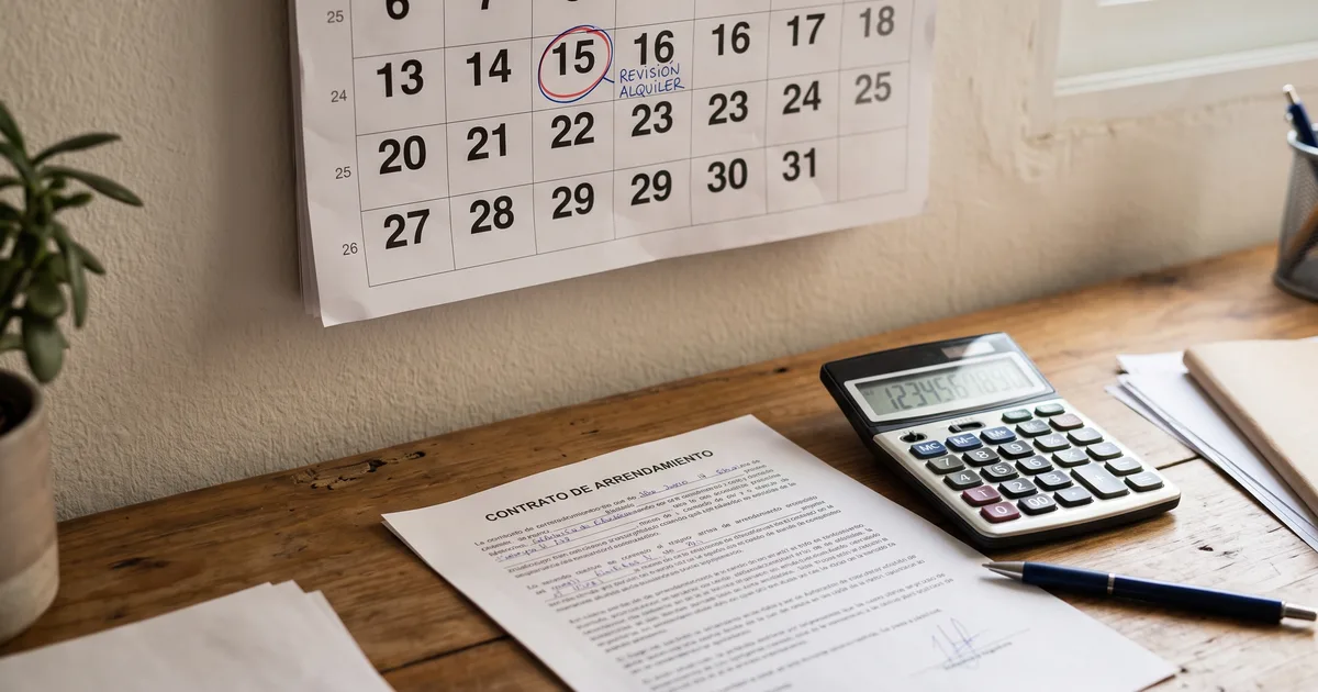 Calendario con la fecha de revisión del alquiler marcada, contrato y calculadora