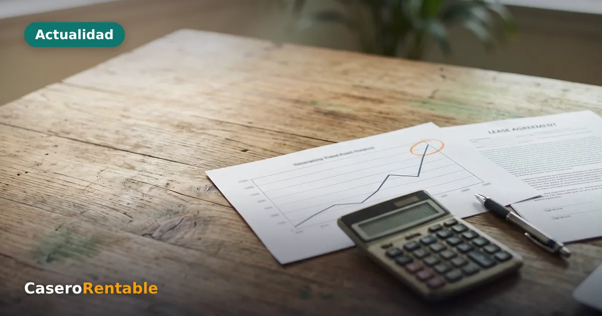 Gráfico de línea que sube hasta un máximo marcado con un círculo naranja, junto a una calculadora y un contrato de alquiler