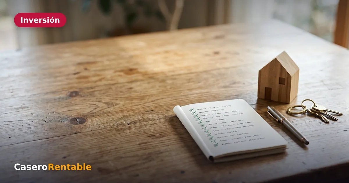 Libreta con una lista de verificación marcada, una maqueta de casa de madera y unas llaves
