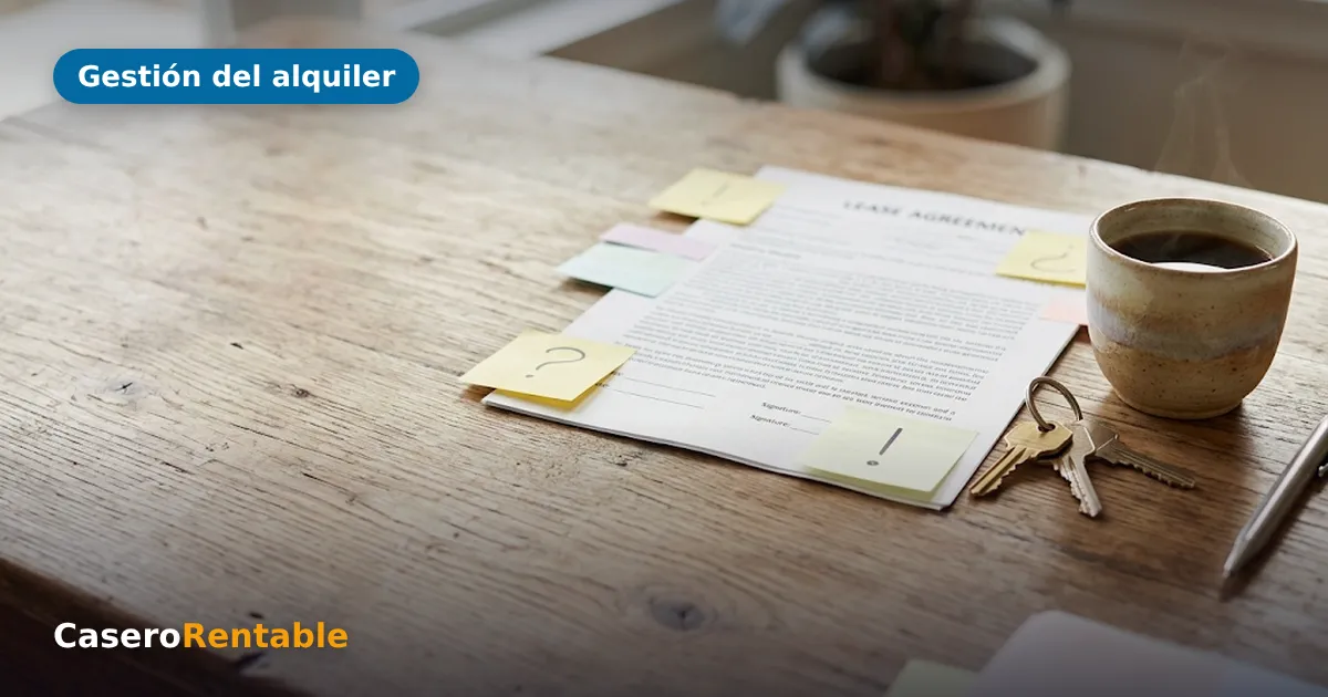 Notas adhesivas con signos de interrogación y exclamación sobre un contrato de alquiler, junto a unas llaves y un café