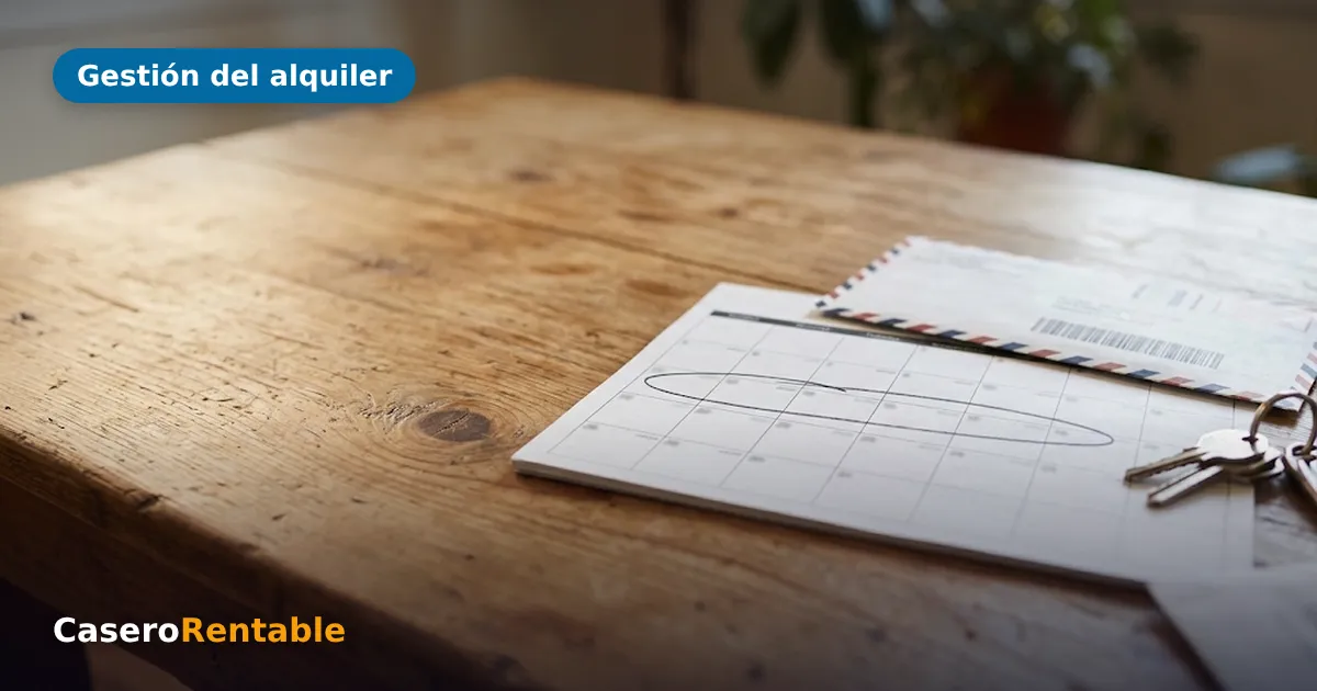 Calendario con una semana rodeada, un sobre de correo certificado y unas llaves sobre una mesa de madera