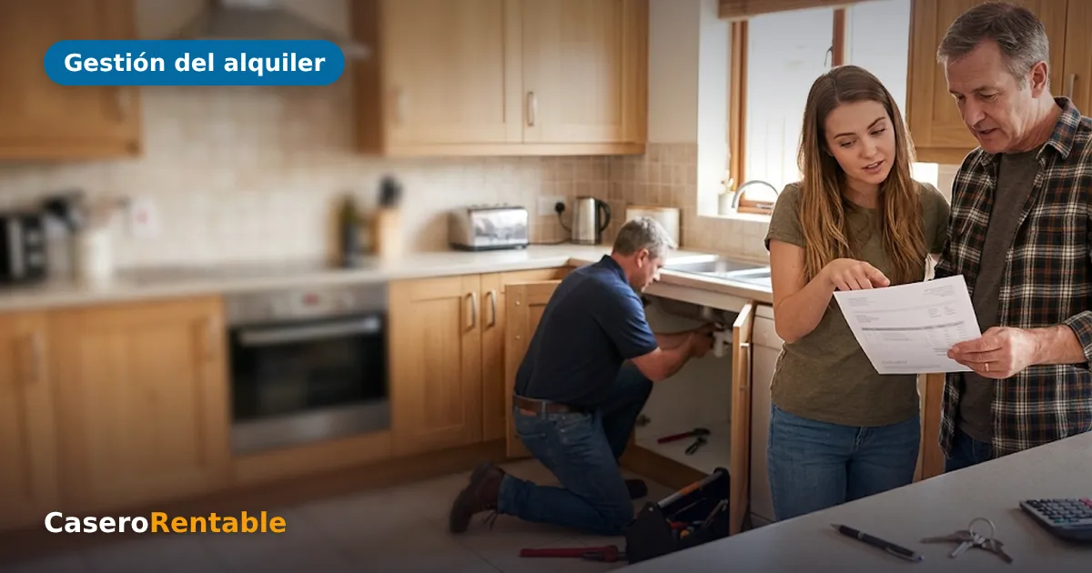 Fontanero reparando el fregadero de una cocina mientras casero e inquilina miran una factura