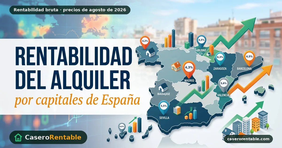 Mapa de España con la rentabilidad bruta del alquiler en varias capitales