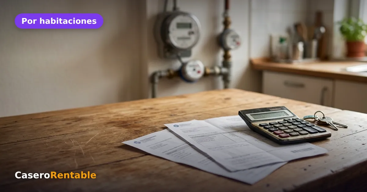 Contadores de luz y agua en una cocina, con facturas y una calculadora sobre la mesa