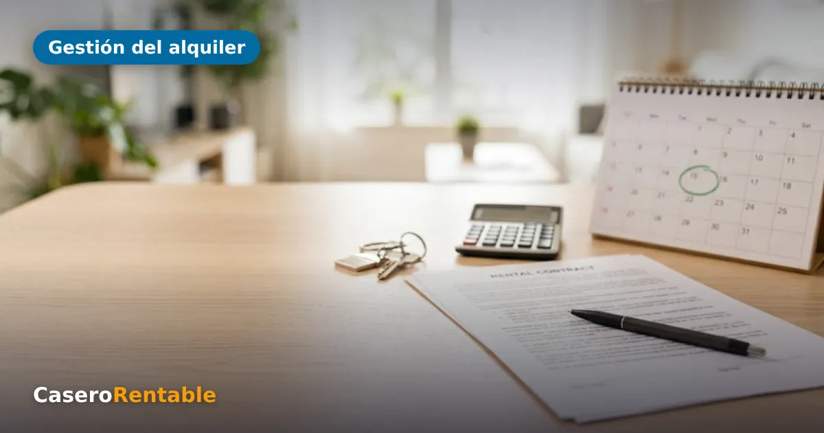Mesa con un contrato de alquiler, un bolígrafo, unas llaves, una calculadora y un calendario con el día del aniversario marcado