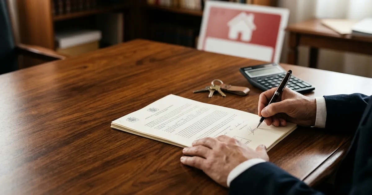 Propietario firmando la escritura de venta de un piso junto a unas llaves y una calculadora