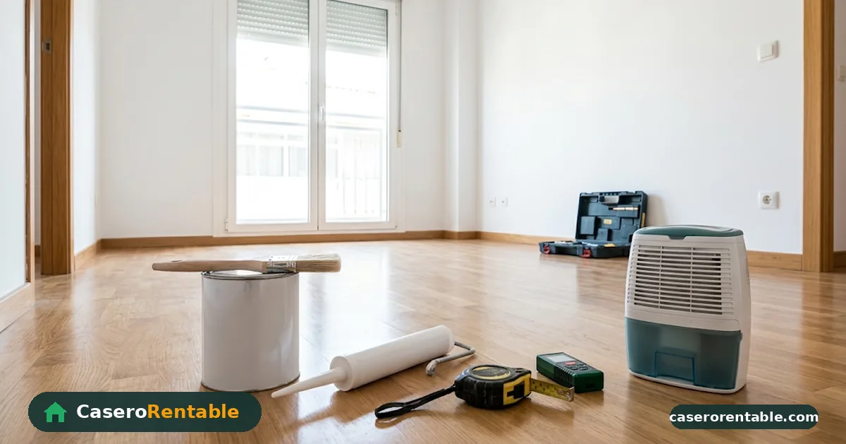 Pintura, silicona, medidor y deshumidificador en el suelo de una habitación vacía lista para alquilar